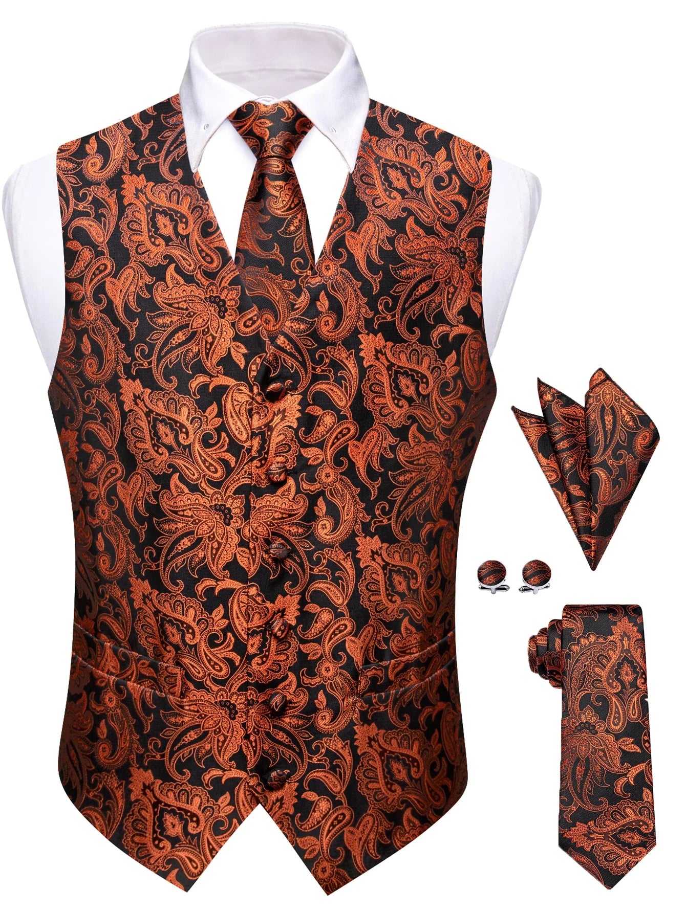 Mens Royal Blue Red Bronwn Orange Vest Tie Hanky Cufflinks Set Paisley Waistcoat Sleeveless for Male Wedding Busniess
