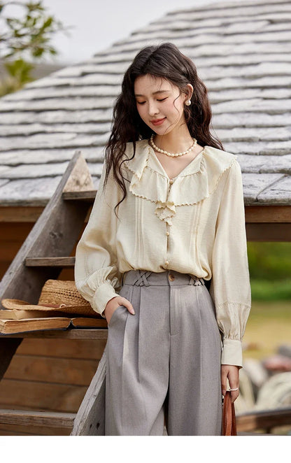 Lotus Leaf Collar Shirt Bubble Sleeves Pink Shirt for Women Spring 2025 Sweet Chiffon Top Temperament Shirts MXE12X1702