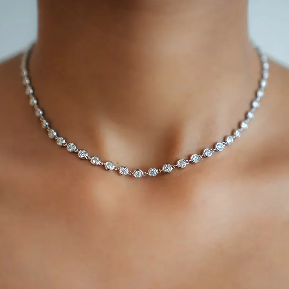 Certified 3mm Round Bezel Moissanite Tennis Necklace for Women 925 Sterling Silver Plated 18k Gold D Color Diamond Neckchain