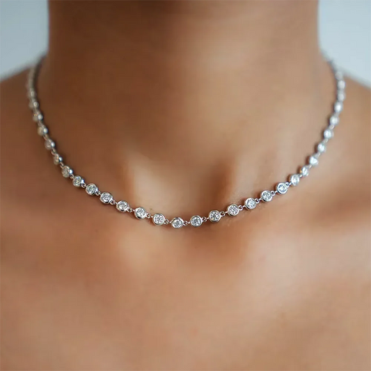 Certified 3mm Round Bezel Moissanite Tennis Necklace for Women 925 Sterling Silver Plated 18k Gold D Color Diamond Neckchain