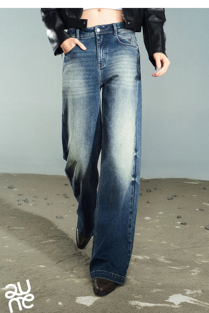 Women Denim Jeans 2025 Autumn New Lycra Stretch Washed Wide Leg Straight Long Pants