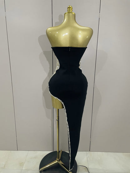 Newest High Quality Sexy Strapless Shinning Rhinestones Bodycon Bandage Long Dress Women Fashion Celebrate Evening Party Vestido