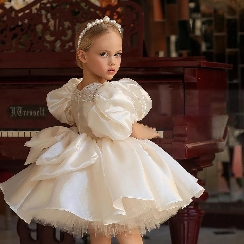 White Sequins Long Sleeve Party New Flower Girl Dress Tailing Puffy V-Neck First Communion Birthday Wedding Dress