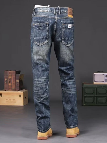 Spring Autumn Trendy Vintage Washed Jeans Men's Loose Straight Leg Fashionable Youth Casual Cotton Denim Anti-Bacterial