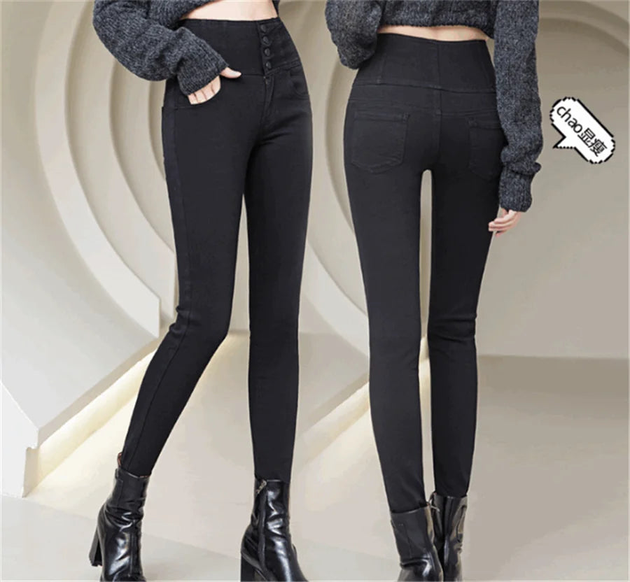 Button Fly Jeans High Waist Front for Women Tummy Control Stretch Denim Black Petite XS - 4XL Dress Pants With Pocket