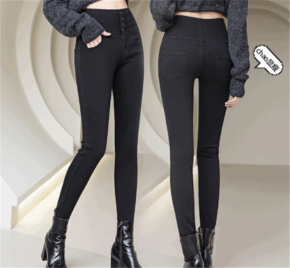 Button Fly Jeans High Waist Front for Women Tummy Control Stretch Denim Black Petite XS - 4XL Dress Pants With Pocket