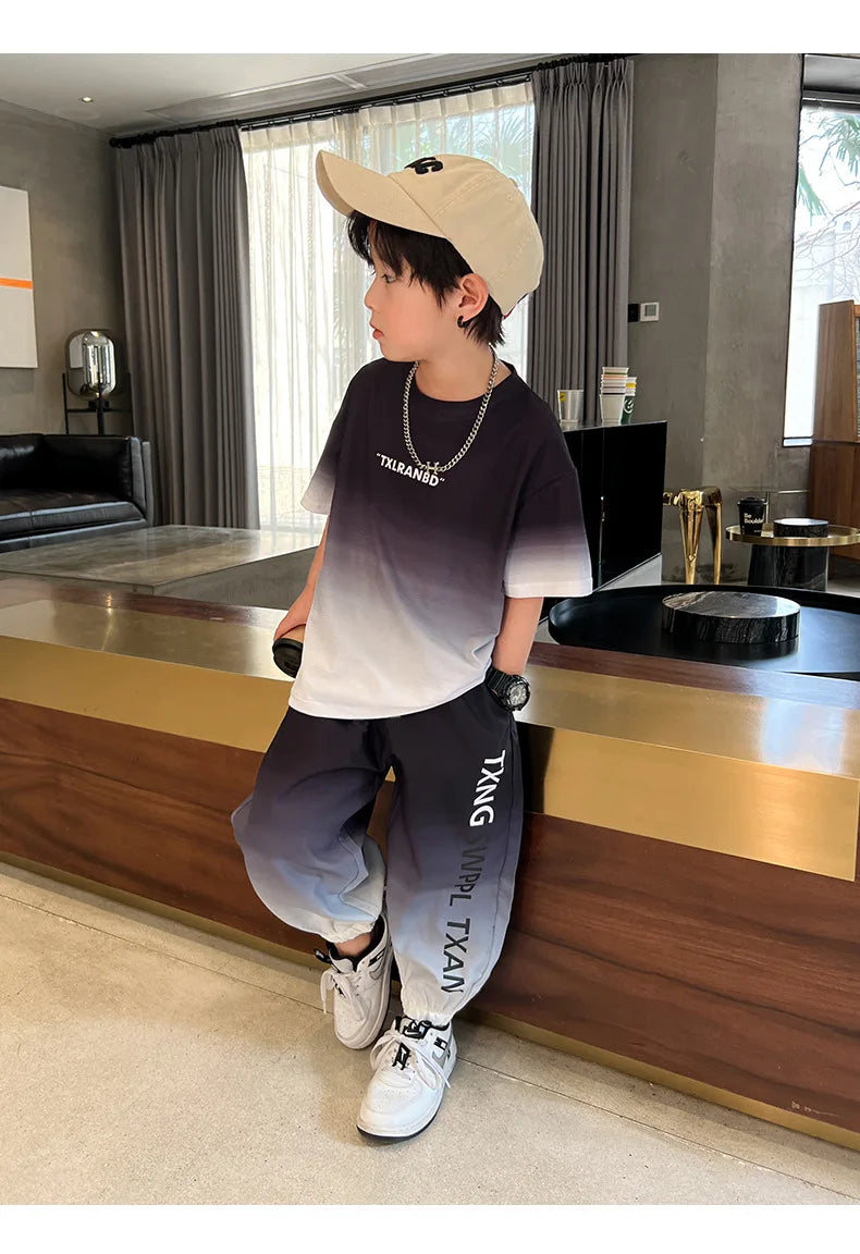 Summer Boys Gradient Contrast Alphabet t-Shirt Tops+Pant Workout Sets School Kids 2PCS Tracksuit Children Jogger Outfits 5-16 Yr
