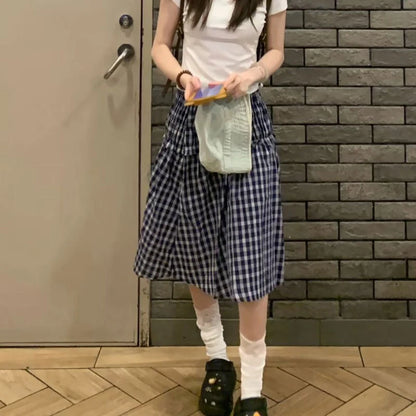 Vintage Plaid Mini Skirt Women Harajuku Aesthetic Patchwork Knee Length Skirts Summer Korean High Waist A Line Faldas New