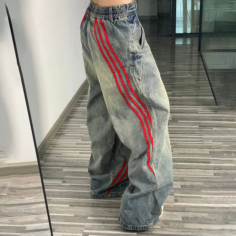 Autumn And Winter Korean Fashion Women'S Straight Leg Jeans With Side Stripes Wide Leg Pants Casual Pants Blue Jeans