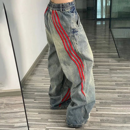 Autumn And Winter Korean Fashion Women'S Straight Leg Jeans With Side Stripes Wide Leg Pants Casual Pants Blue Jeans