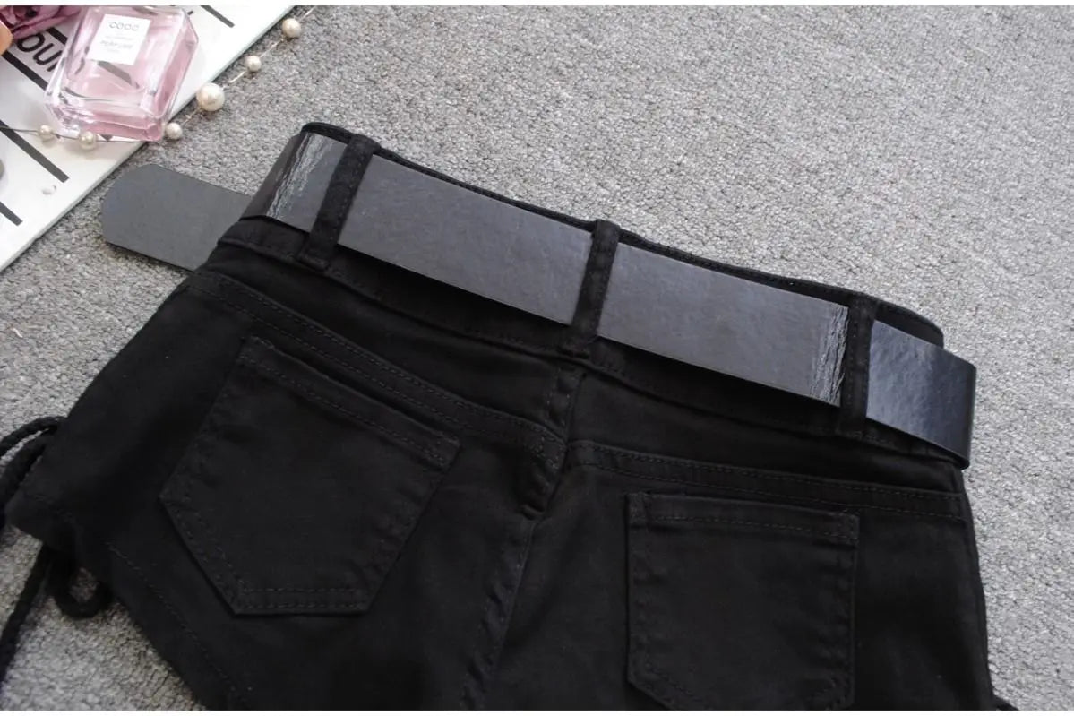 Korean Low Rise Denim Shorts 2024 - Riveted Lace Up Bodycon Black Hot Pants Vintage Cheeky Booty Summer TikTok Y2K Outfit