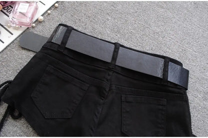 Korean Low Rise Denim Shorts 2024 - Riveted Lace Up Bodycon Black Hot Pants Vintage Cheeky Booty Summer TikTok Y2K Outfit