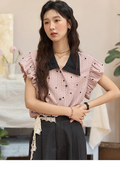 Summer Office Lady Blouses Women 2025 Short Sleeve Turn-down Collar Polka Dot Shirts Female Fashion Slim Tops MXE31C0776