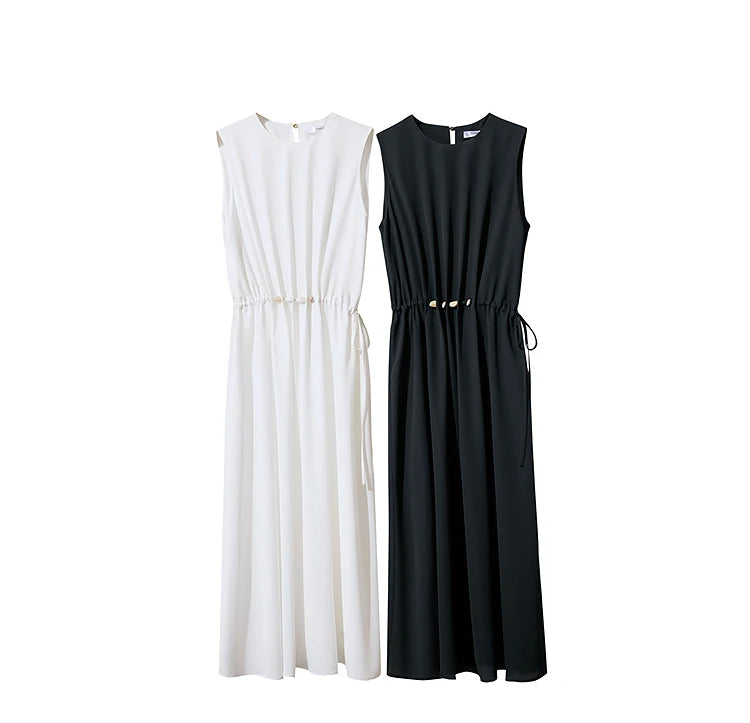 Minimalism Dresses 2025 Summer Vocation Women Loose Long Dresse Sleeveless High Waist Design Bead Drawstring Dress 12542177