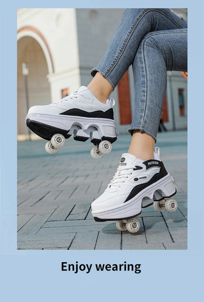 Deformation Shoes Roller Sneakers With 4 Wheels Skates Adult Kids Runaway Parkour Wheels Shoes For Women Men Youth Sport Shoes