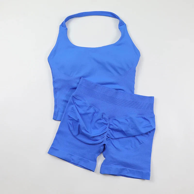 Seamless Yoga Set Womens Backless Halter Tank Top Ribbed Waist Gym Shorts 2 Piece Sets Women Outfit Workout Clothes