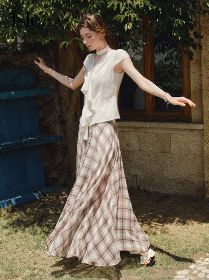 Women's Summer 2025 New Arrival Irregular A-line Hem Plaid Skirt Flowing Relaxed Fit Skirts 25FS12713