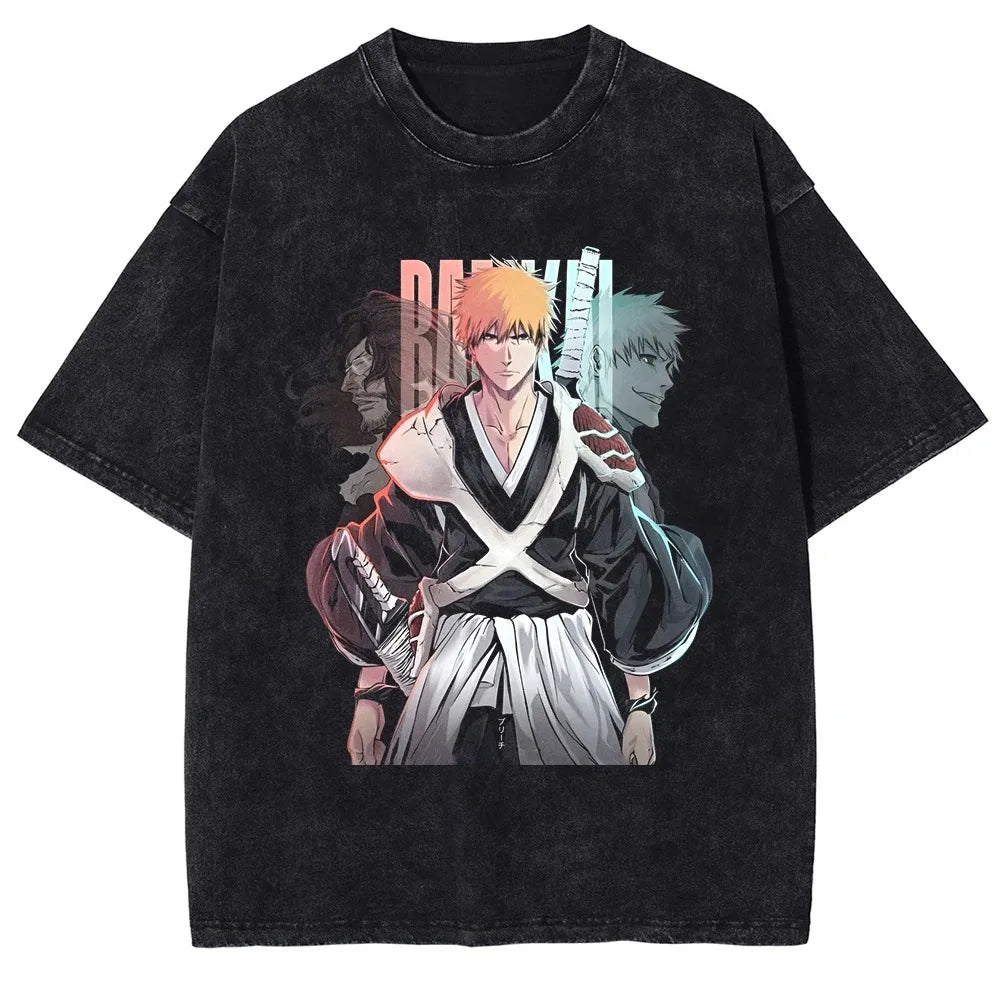 Japan Classic Anime BLEACH Zaraki Kenpachi Print T-shirt Men WomenCasual Tees Vintage Style Cotton Clothing Harajuku Washed Tops