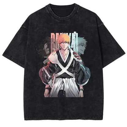 Japan Classic Anime BLEACH Zaraki Kenpachi Print T-shirt Men WomenCasual Tees Vintage Style Cotton Clothing Harajuku Washed Tops