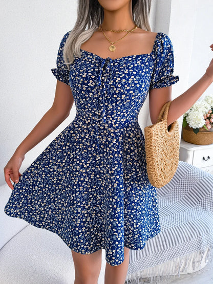 Women Casual Square Neck Flare Short Sleeve Floral Dress Elegant A Line Dress for Spring Summer 2026 Fashion Woman Clothing