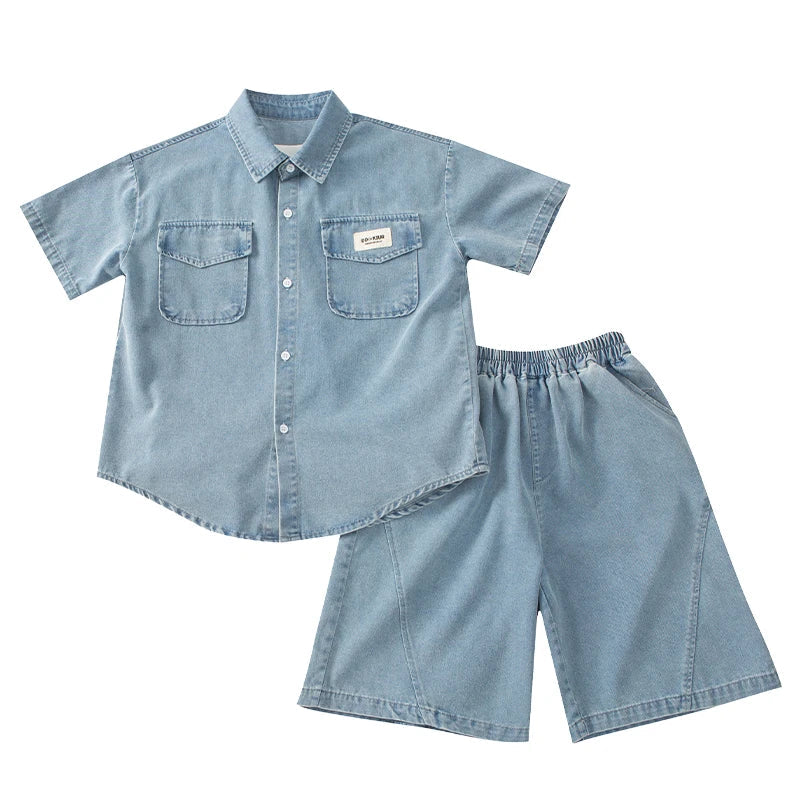New Casual Kids Child Summer Denim Suit for Teenage Boy High Fashion Short Sleeve Shirt + Shorts 2 Pieces Clothing Set Age 5-14Y