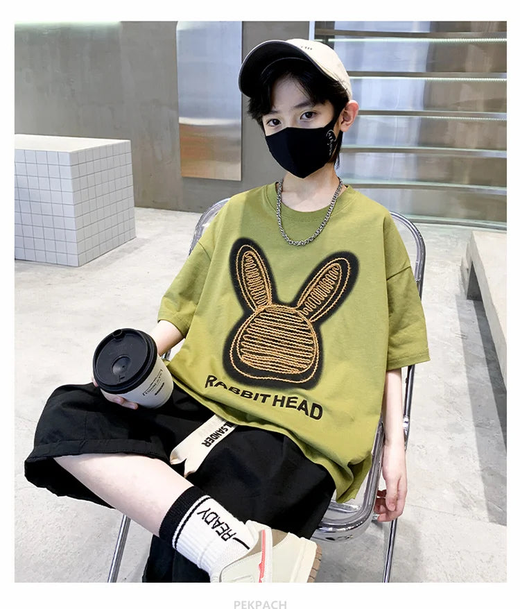 Cartoon Rabbit Boys Summer Clothing Two Piece Set Outfits Short Sleeved T-shirt Shorts Tracksuits Kids Children Casual Costumes