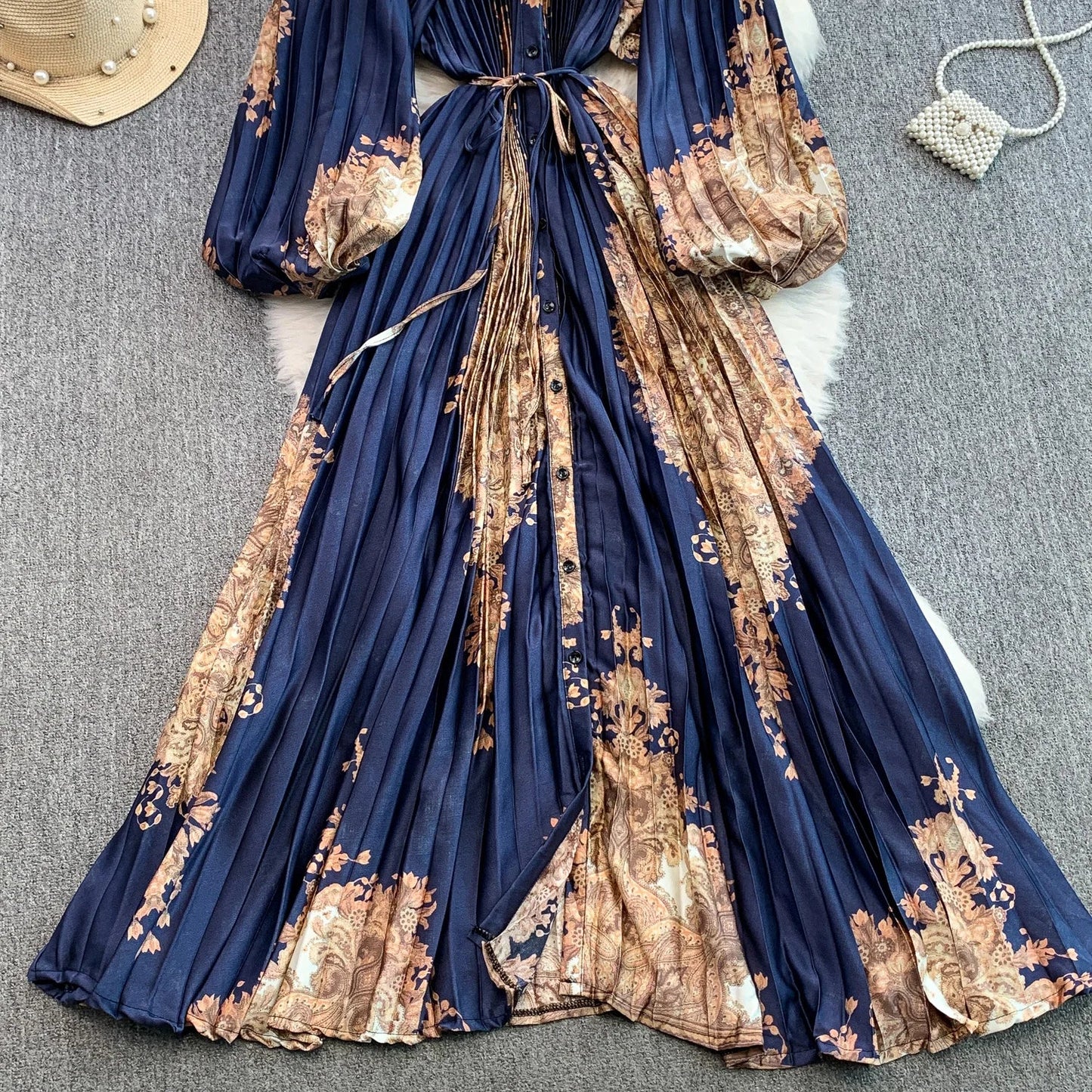 Ele Printed round Ne Lantern Sve Dr Women's Single Button Waist Cinch Maxi Skirt Long Dr Commute Sle Autumn