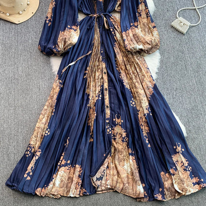 Ele Printed round Ne Lantern Sve Dr Women's Single Button Waist Cinch Maxi Skirt Long Dr Commute Sle Autumn