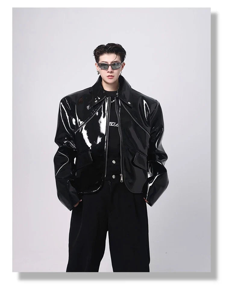 Spring Autumn Cool Loose Short Black Shiny Reflective Patent Faux Leather Jacket Men Zipper Luxury Designer Clothes