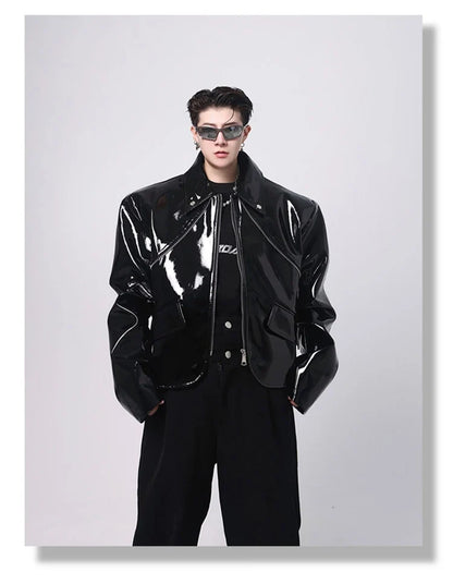 Spring Autumn Cool Loose Short Black Shiny Reflective Patent Faux Leather Jacket Men Zipper Luxury Designer Clothes