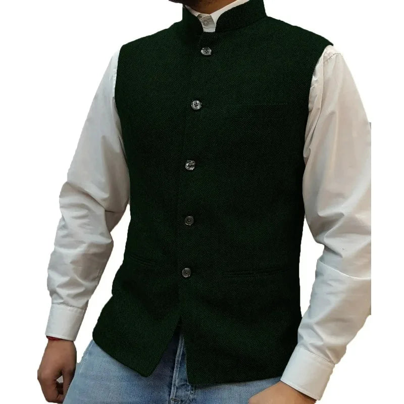 Suit Vest Men Vintage Slim Solid Stand Collar Vest Tops Male Business Casual Sleeveless Jackets Man Wedding Waistcoat