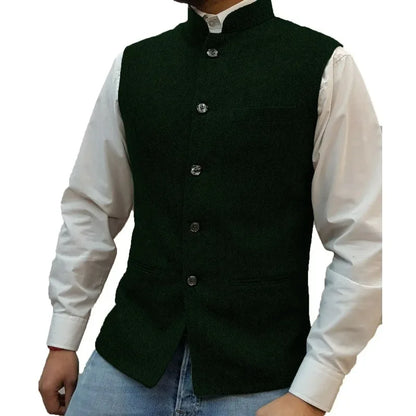 Suit Vest Men Vintage Slim Solid Stand Collar Vest Tops Male Business Casual Sleeveless Jackets Man Wedding Waistcoat