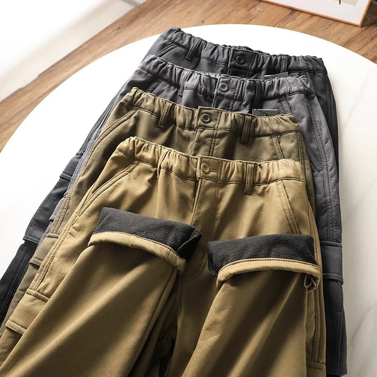 Winter Mens Fleece Cargo Pants New Casual Pants Thick Warm Black Tactical Pants Multiple Pocket Man Trousers