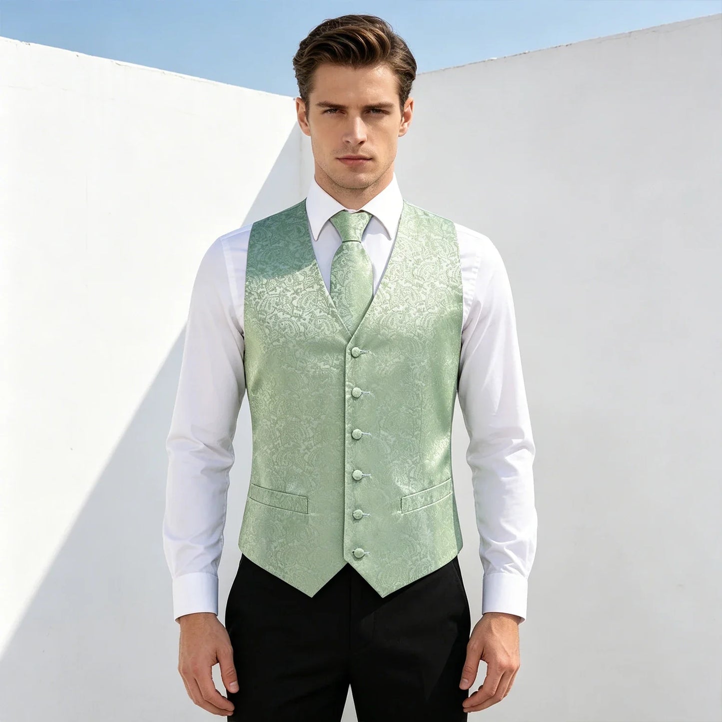 Men Paisley Print Vest Matching Set Waistcoat Tie Hanky Cufflinks Formal Wedding Party Gentleman Suit Accessories Kit