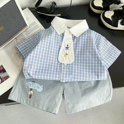New Boys Clothing Children Summer Set Kids Plaid Shit Embroidered Tie Shorts 2pcs/suits Children Fashion Tracksuits 0-5Year