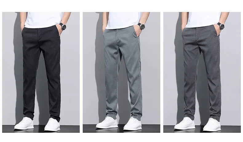 Fiber Fabric Summer Men's Casual Pants Fashion Thin Soft Breathable Elastic Business Slim Straight Trousers Black Gray