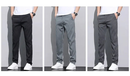 Fiber Fabric Summer Men's Casual Pants Fashion Thin Soft Breathable Elastic Business Slim Straight Trousers Black Gray