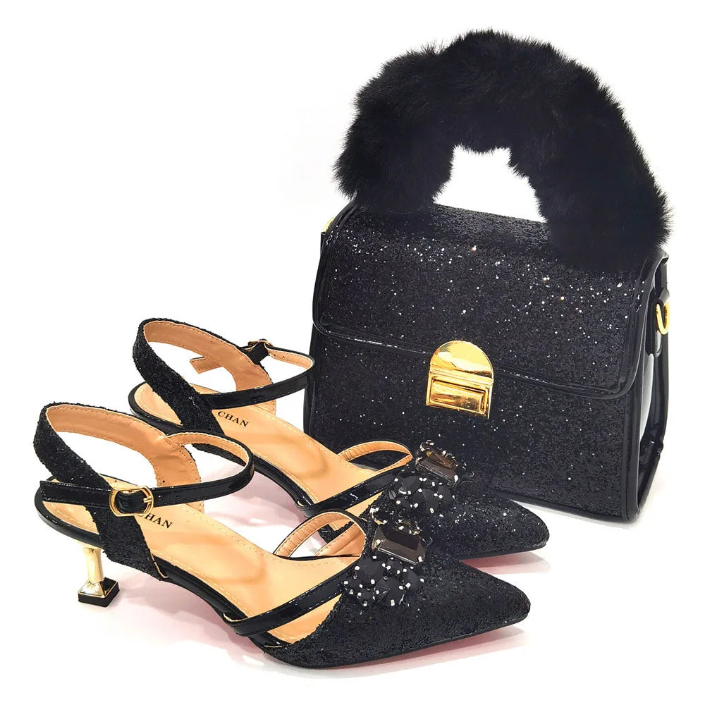 2022 Nigerian Fashionable Silver Color Peep Toe Shoes Matching Bag Set For Royal Ladies Wedding Party Sandal