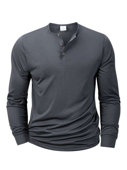 Men's Henery Neck Button Long Sleeve T Shirt Solid Color Spring Summer Breathable Tshirt Fashion Casual Slim Tops Classic Shirts