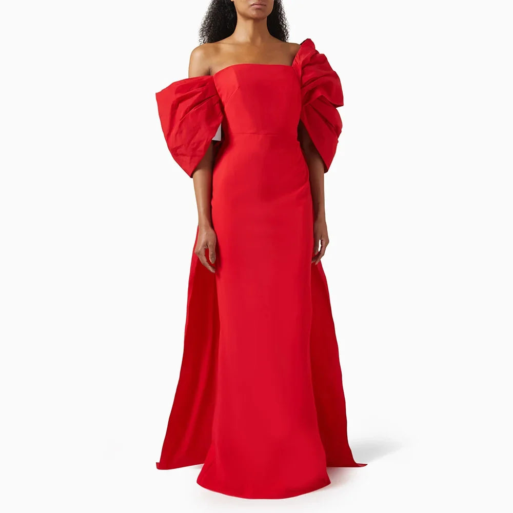 Customized Modern Evening Dress Red Off the Shoulder Pleated Bow Trumpet Prom Dresses for Women Sleeveless Mermaid Formal Gown