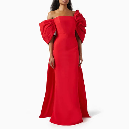 Customized Modern Evening Dress Red Off the Shoulder Pleated Bow Trumpet Prom Dresses for Women Sleeveless Mermaid Formal Gown