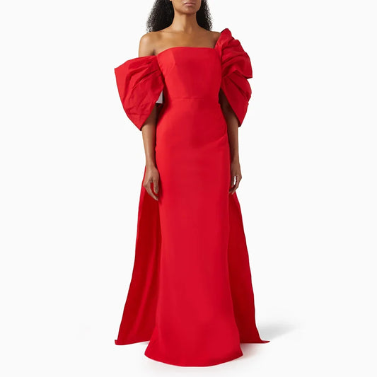 Customized Modern Evening Dress Red Off the Shoulder Pleated Bow Trumpet Prom Dresses for Women Sleeveless Mermaid Formal Gown