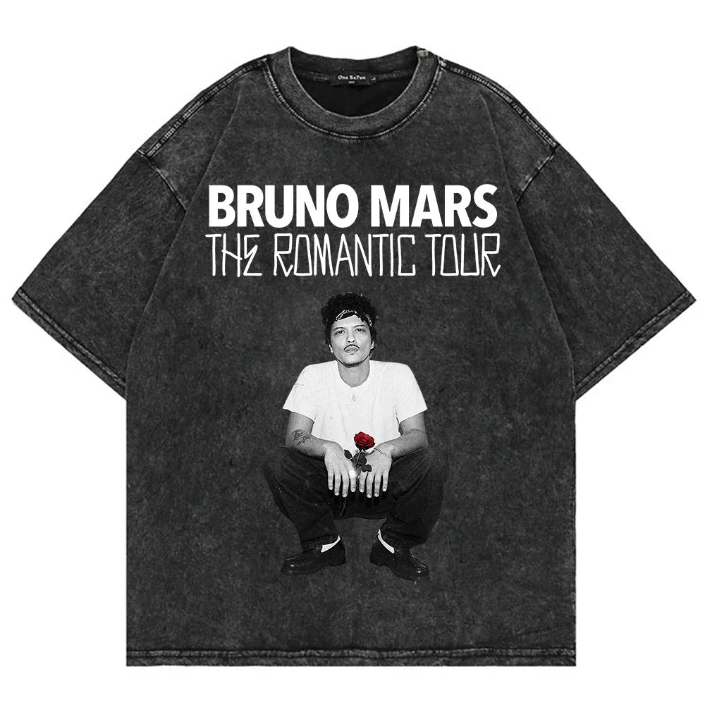 100% Cotton Vintage Washed Bruno Mars The Romantic Tour 2026 T Shirt Fashion Men/Women Retro Oversized Loose Acid Wash Tee Shirt