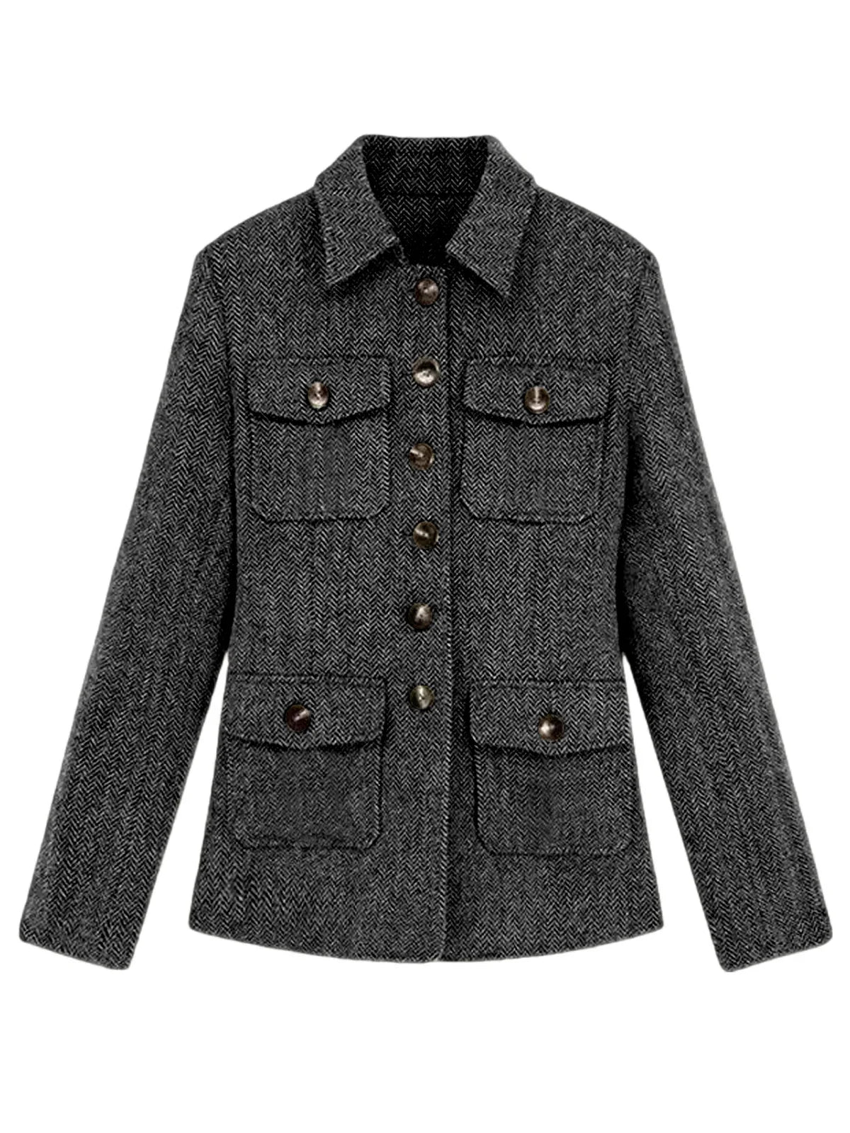 Men's Herringbone Wool Blend Blazer Jacket Notch Collar Utility Multi-Pocket Casual Overcoat For Spring Autumn