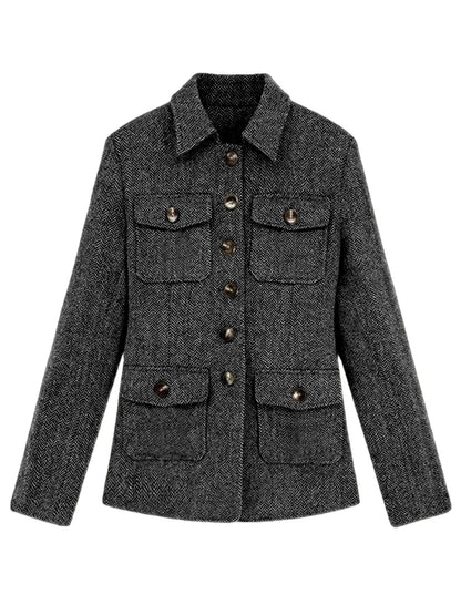 Men's Herringbone Wool Blend Blazer Jacket Notch Collar Utility Multi-Pocket Casual Overcoat For Spring Autumn