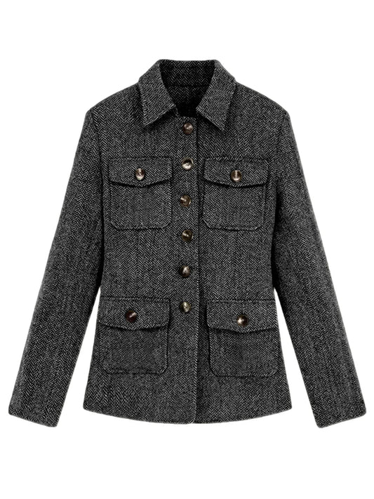 Men's Herringbone Wool Blend Blazer Jacket Notch Collar Utility Multi-Pocket Casual Overcoat For Spring Autumn