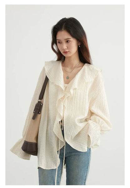 Women Shirt Loose Casual Ruffled Edges Female Blouses Solid V Neck Lace Up Mid Length Ladies Shirts Spring Summer 2026