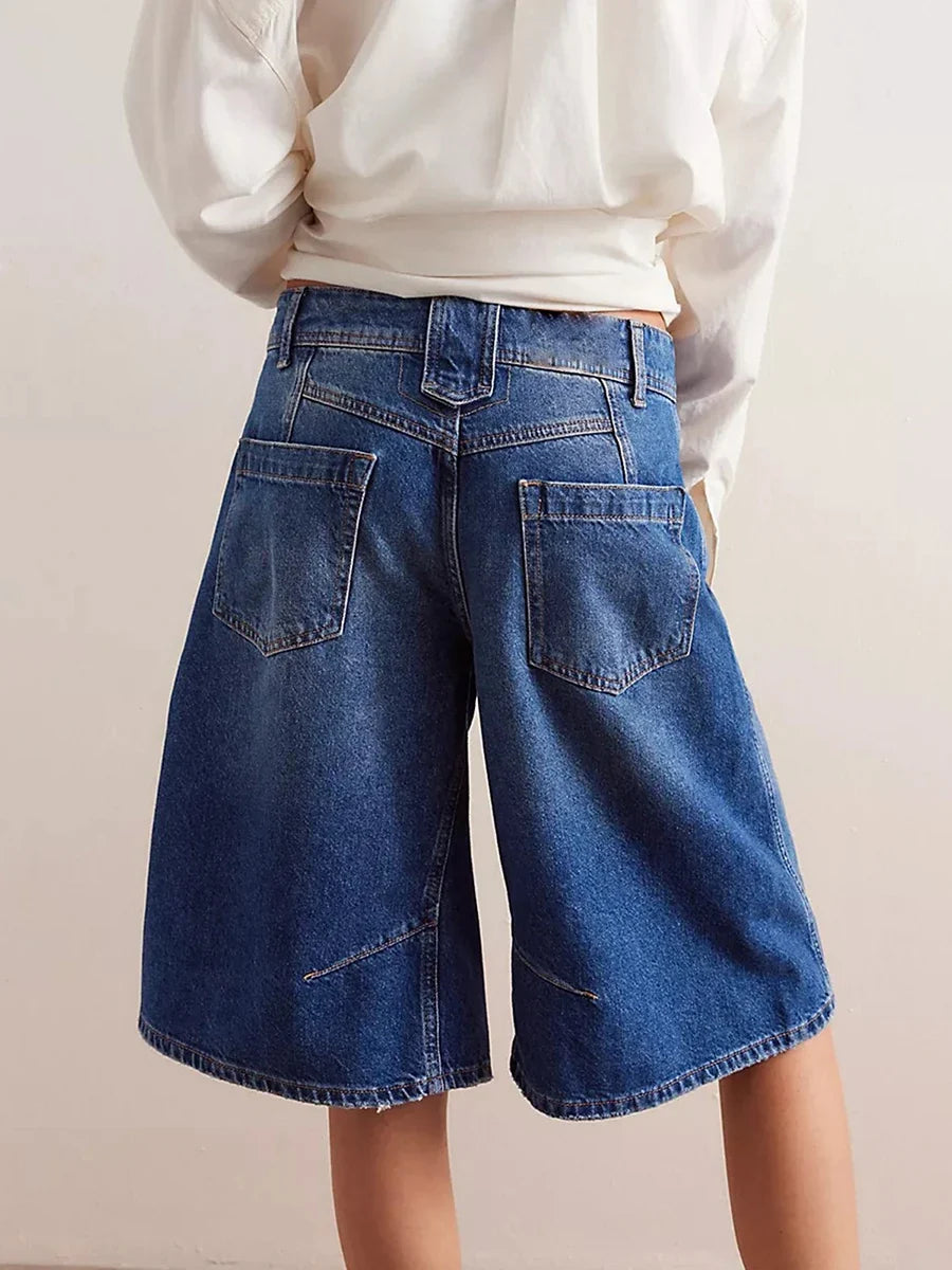 New Womens Knee Length Denim Shorts Solid Color Low Waist Wide Leg Jean Shorts For Summer Club Street Style S-2XL