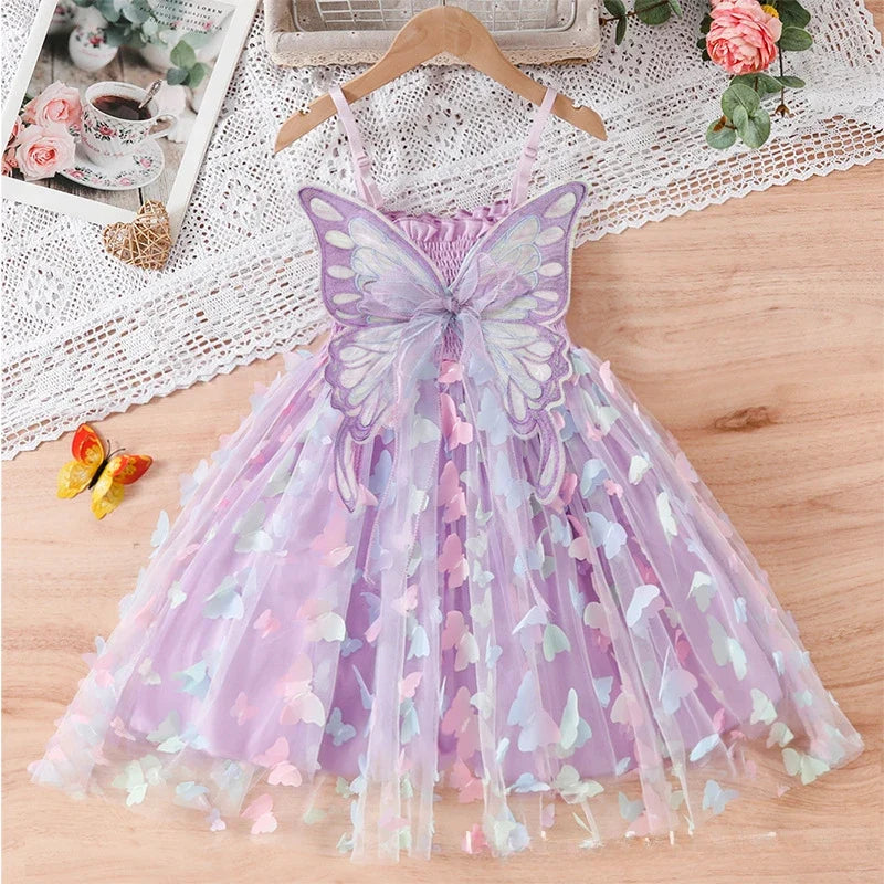 2024 Girls Purple Butterfly Dress Summer Children Colorful Mesh Dress Baby Sling Wings Princess Dress for Birthday 3-8T