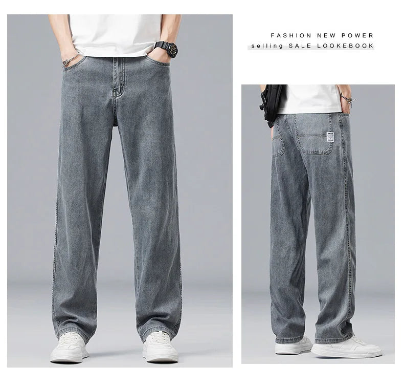 Summer Ultra-thin Lyocell Men's Jeans Drape Soft Fabric Loose Straight Casual Denim Pants Elastic Ice Silk Male Trousers